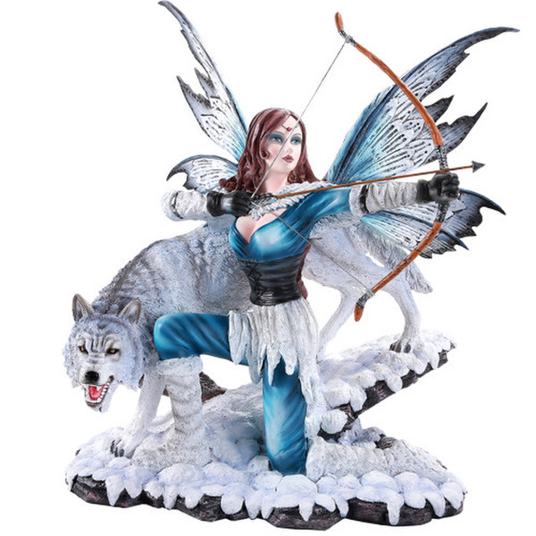 statue figurine Fairy with Wolf Sculpture Warrior Bow & Arrow in snow bank